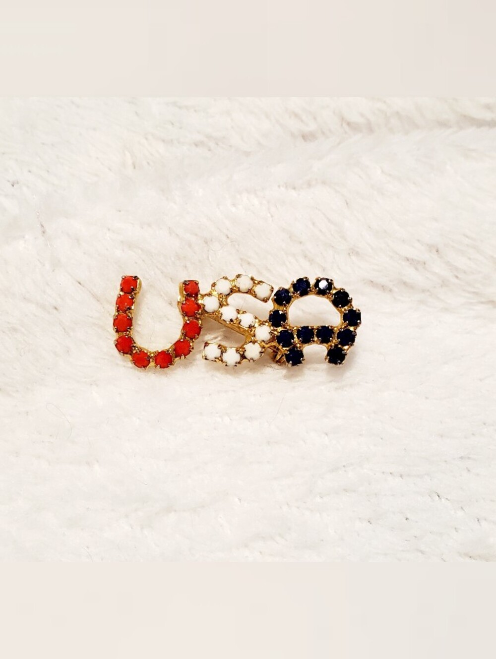 Vintage USA Rhinestone Brooch Pin Red White Blue Patriotic Americana